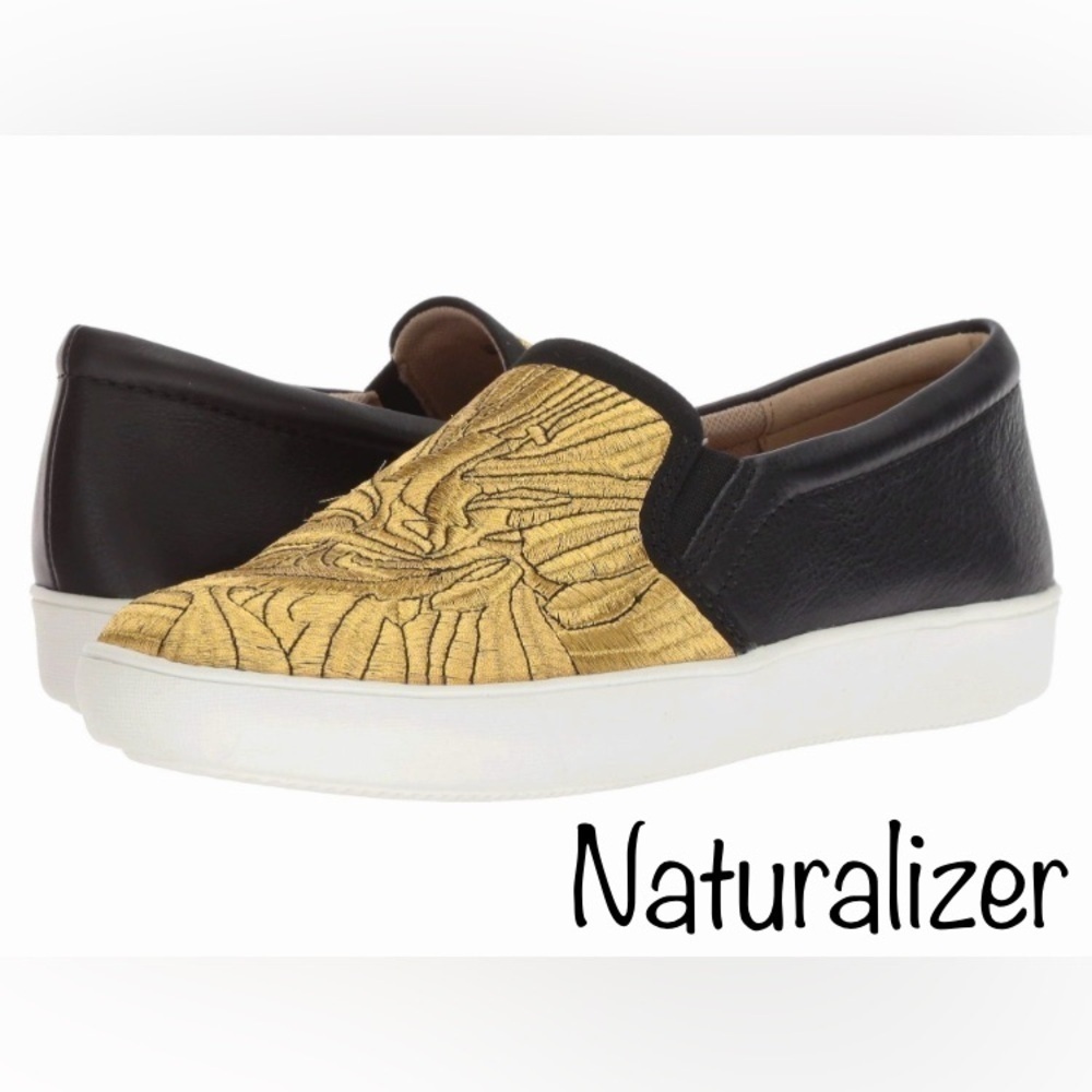Naturalizer Marianne Black Leather & Gold Embroidered N5 Contour Comfort W8